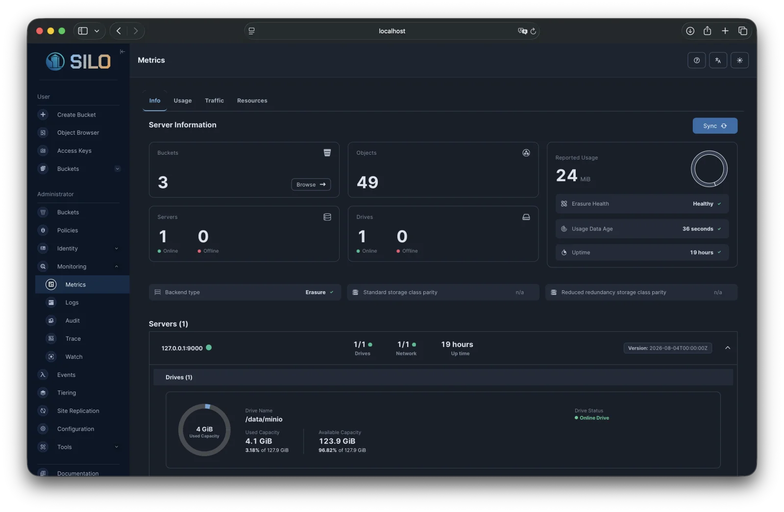 SILO Console monitoring page showing servers, drives, and capacity
